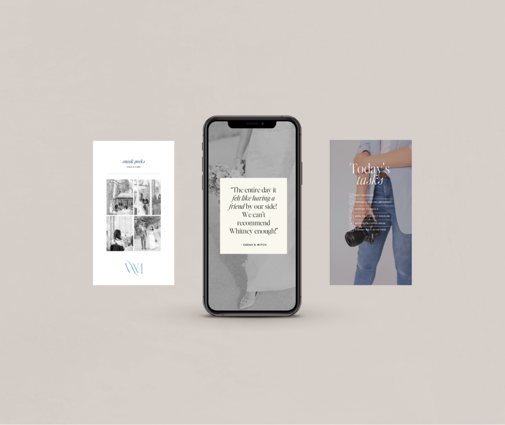 wedding photographer logo mockup of her social media templates in a phone
