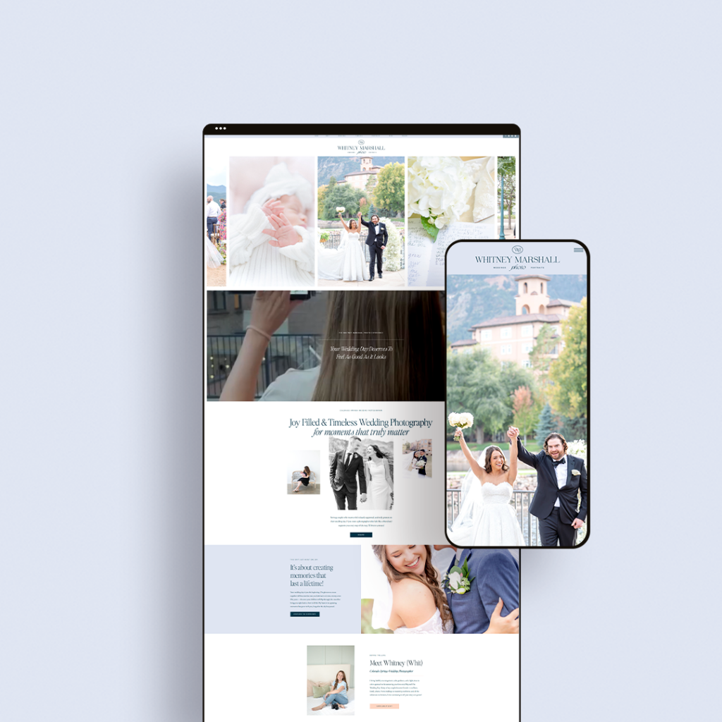 wedding photographer logo mockup of her homepage on desktop and mobile