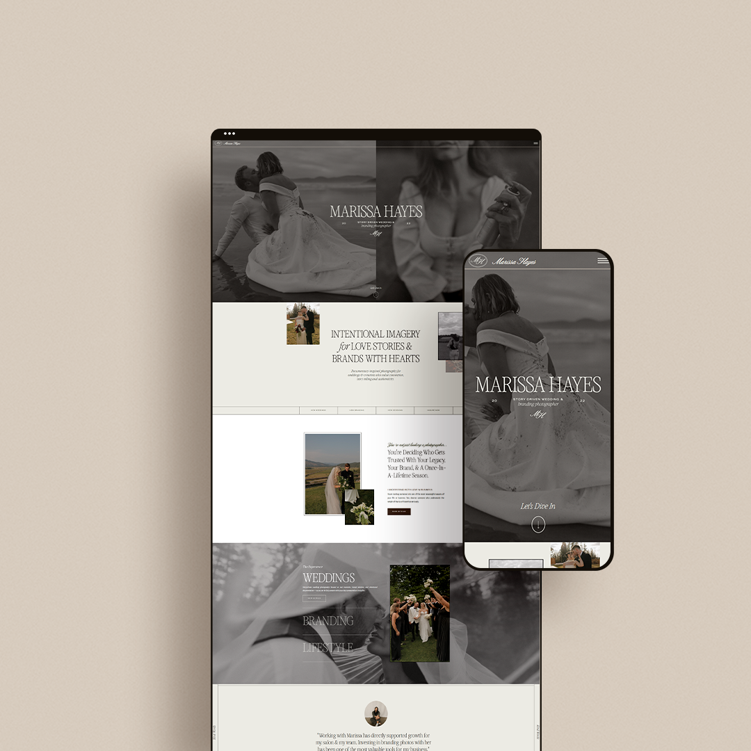 Wedding photographer website design - mockup of homepage on desktop and mobile