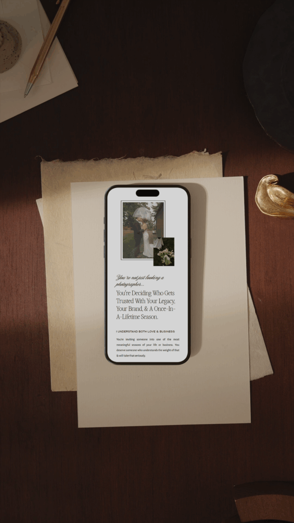 Wedding photographer website design - mobile mockup of homepage