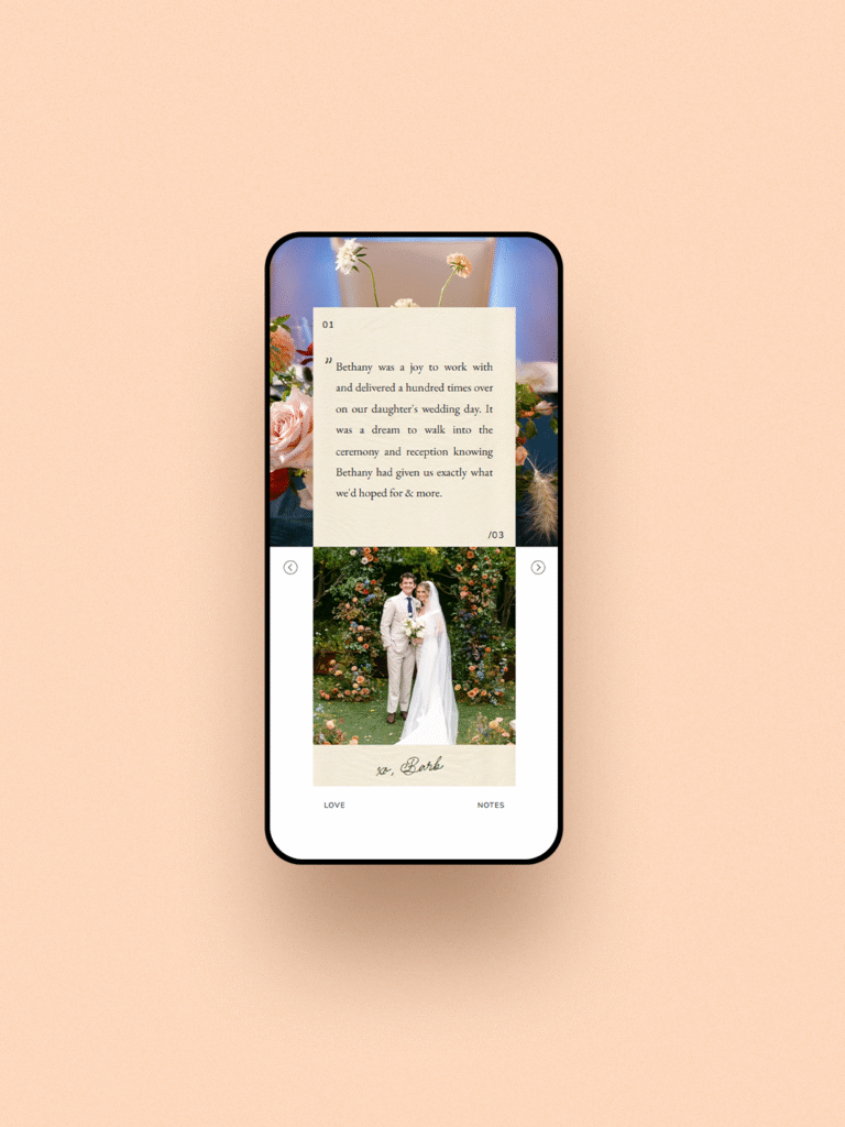 Florist Website Builder mobile mockup of homepage testimonial section with peach colored background