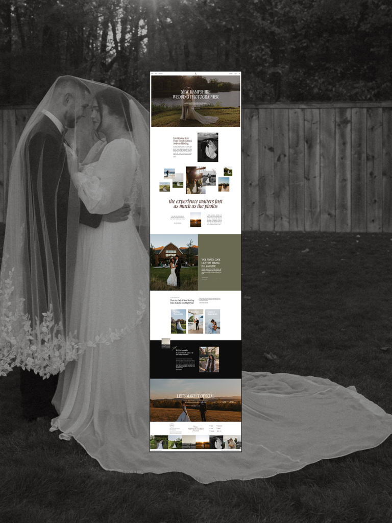 Mockup of a full view of the homepage overlaid a wedding photo