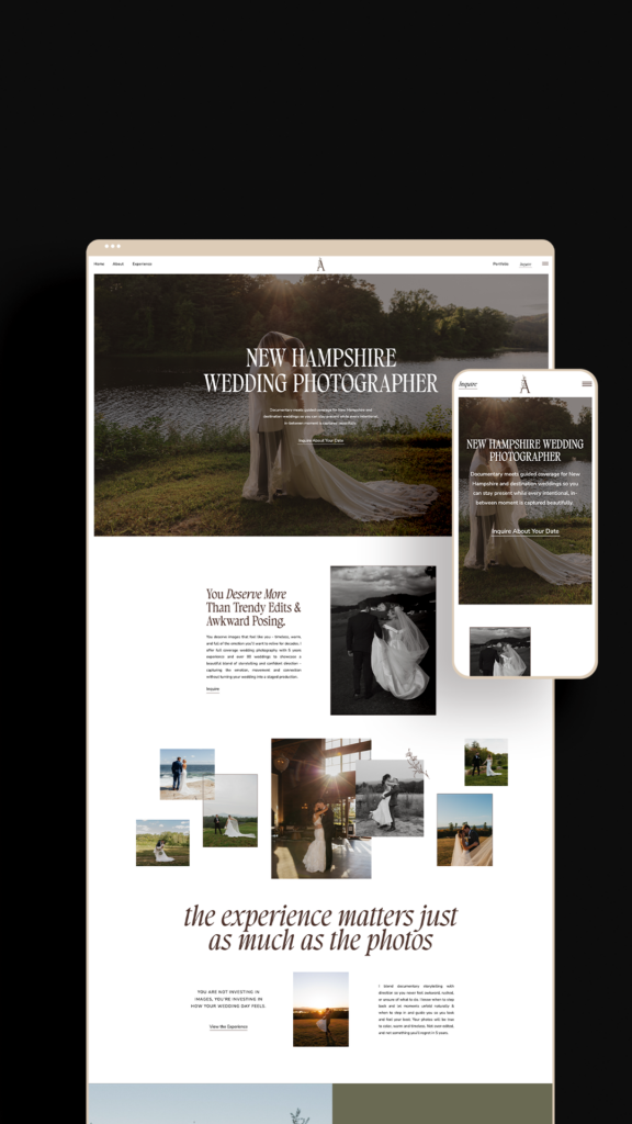 Mockup of website of homepage on desktop and mobile on dark background.