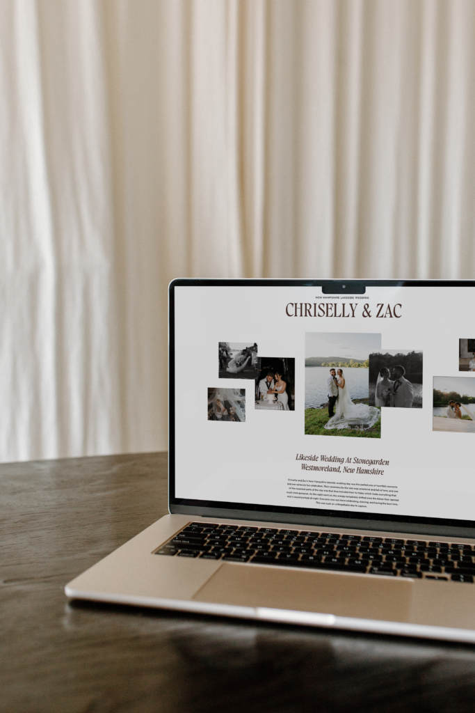 Mockup of wedding photography website on a laptop sitting on a table in front of drapes