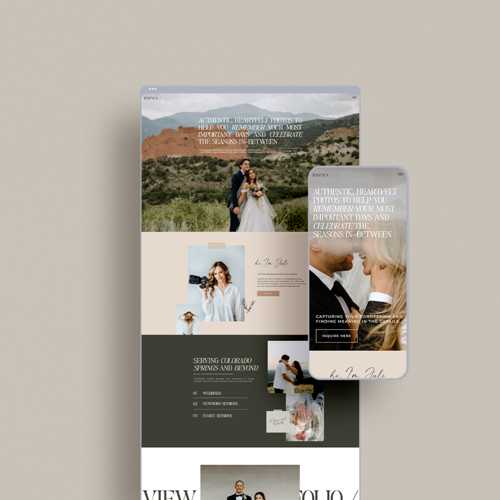 Mockup of Juli's homepage on both desktop and mobile on a neutral background